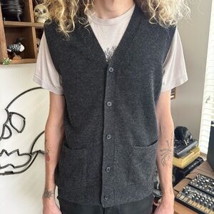 Vintage 90s 2000s Wool V Neck Dark Gray Knit Cardigan Sweater Vest ~ Size Small